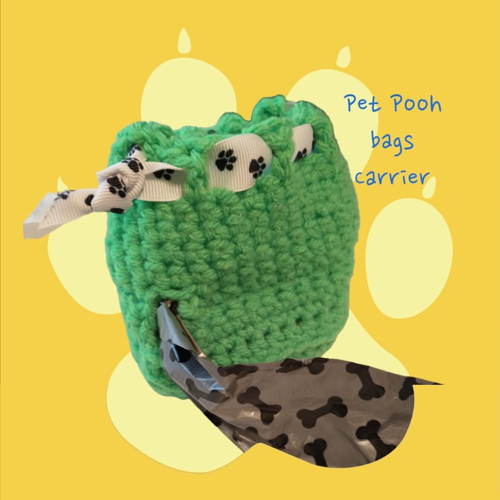 DOG‎ Pooh bags carrier crocheted. Handmade lime green with paw print ribb…